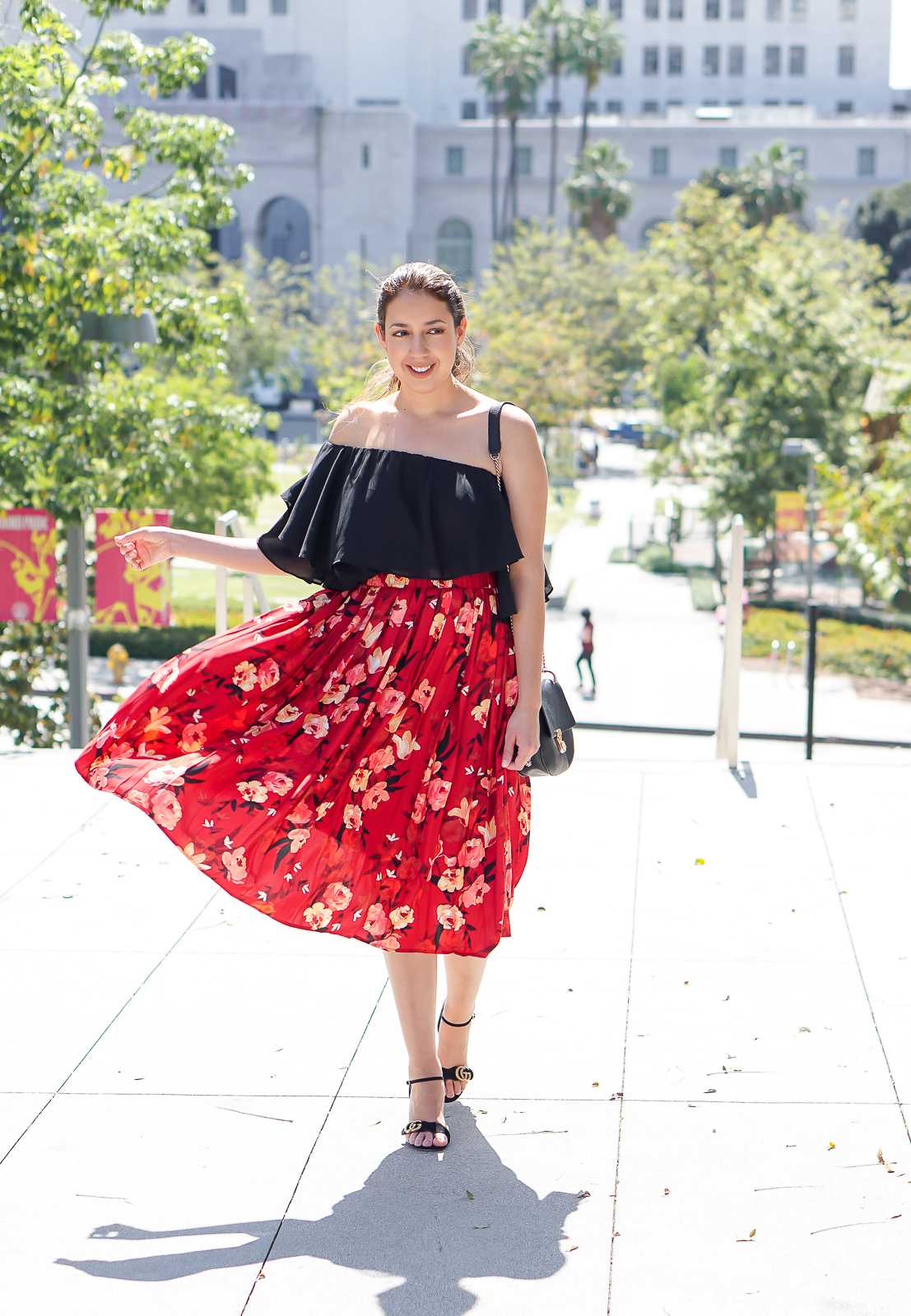 H&M Red Floral Midi Skirt, Red Floral Midi Skirt, Red H&M Skirt, Black Gucci Marmont Sandals, Black Gucci Suede GG Logo Sandals, Black Suede Marmont Sandals, Gucci Marmont 75mm black Suede Sandals, Downtown Los Angeles Photography, City Hall Photography