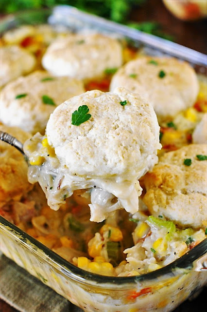 Bacon & Corn Chicken Pot Pie image ~ The classic combination of carrots, celery, onion, and shredded chicken nestled in creamy sauce gets even better with the addition of bacon & sweet corn.