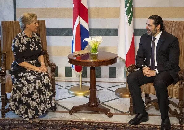 Countess of Wessex wore Suzannah peace lily shirt dress. Prime Minister of Lebanon, Saad Hariri. President Michel Aoun