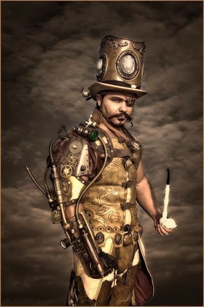 Steampunk Villain Cosplay, mens clothing, top hat, pipe, eyepatch, steam-powered arm)