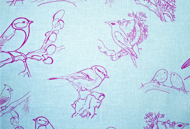 toile, designer fabric, costume textile design, birds, blue, pink