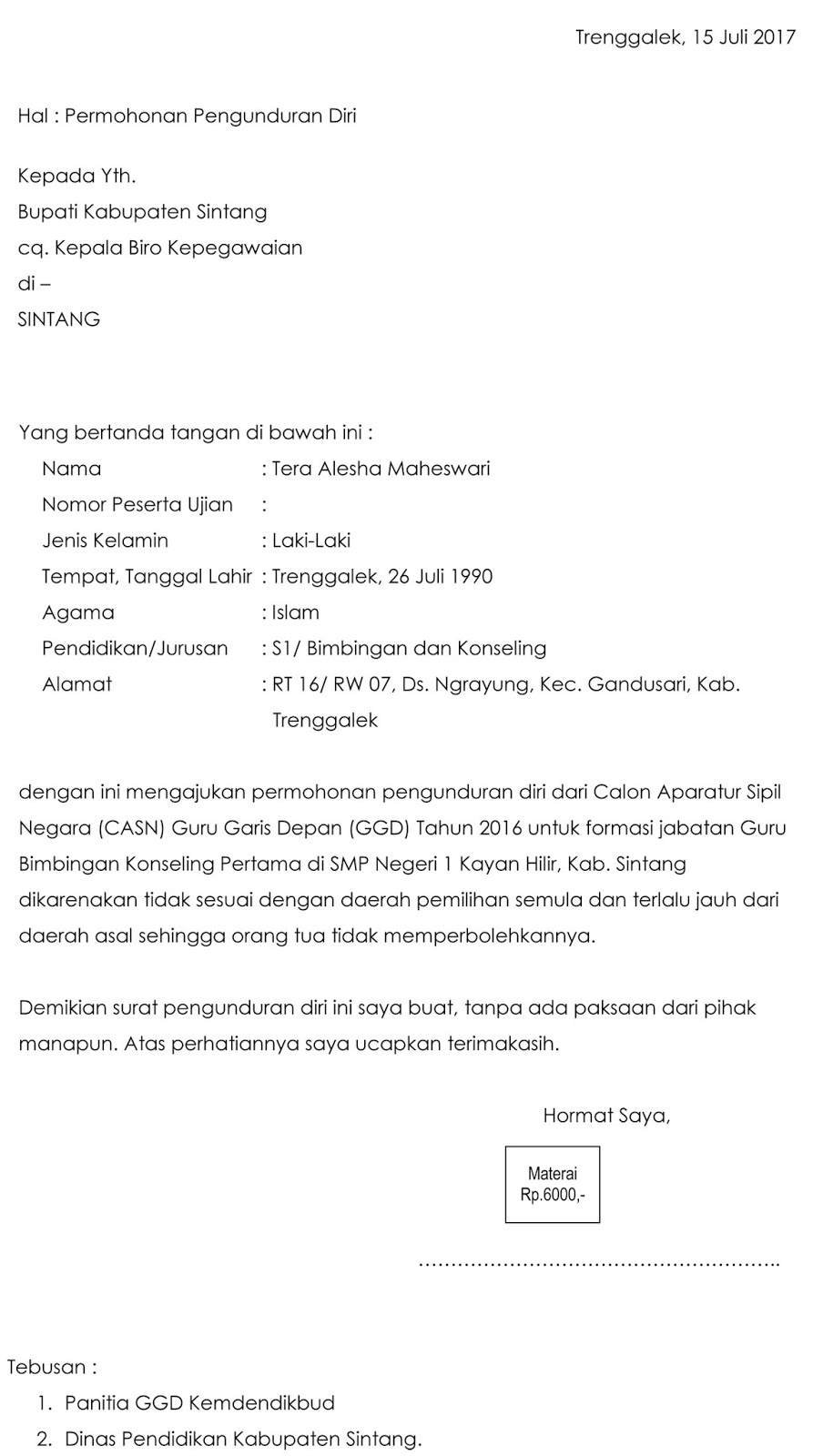 Contoh Surat Pengunduran Diri Cpns Casn