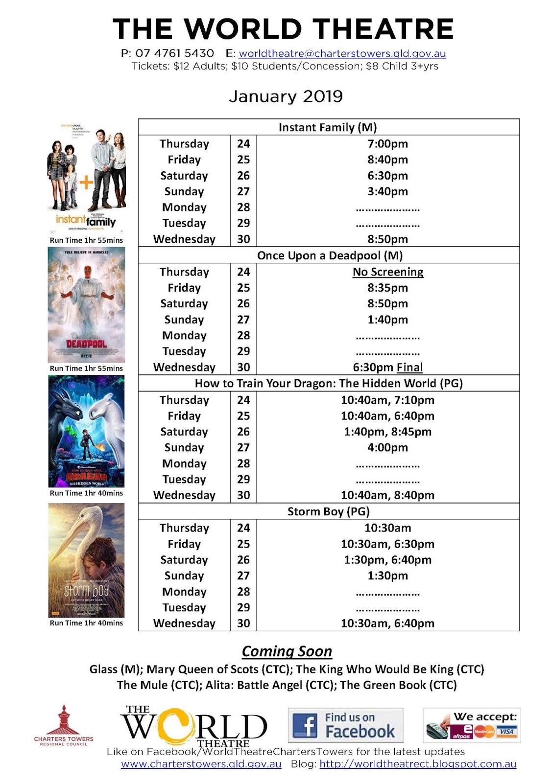 World Theatre Charters Towers Cinema schedules + special events posters
