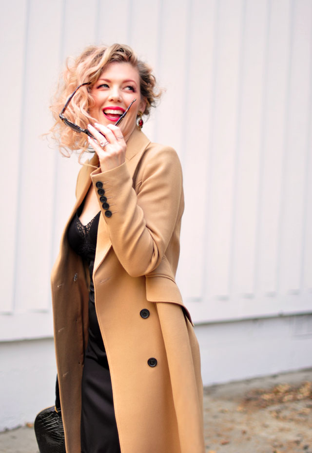 Camel Coat & Vintage Black Slip {dress}