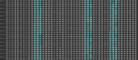 [Image: A time-stamped hex dump of the byte stream, arranged in packets with only a few bytes changing over time.]