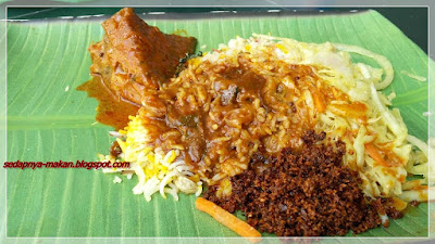 nasi briyani, ikan kari, sayur kobis