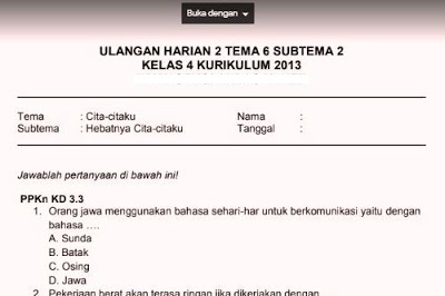 Soal Ulangan Harian K13 Kelas 4 Tema 6 Subtema 2