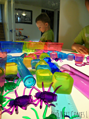 Colorful objects on the light table from And Next Comes L