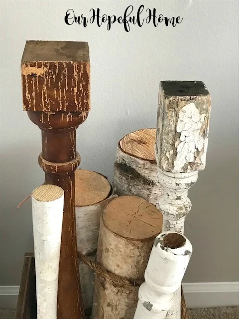 chipped vintage salvaged balusters white birch  logs