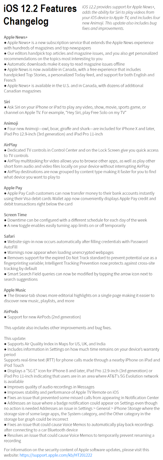 Apple iOS 12.2 Final Features Changelog Apple iOS 12.2 Final Features Changelog