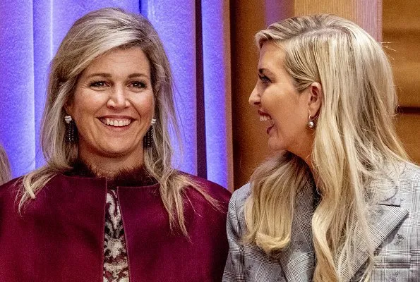 Queen Maxima wore Burberry London trench coat, she wore Natan dress and Gianvito Rossi pumps. Ivanka Trump at a initiative meeting