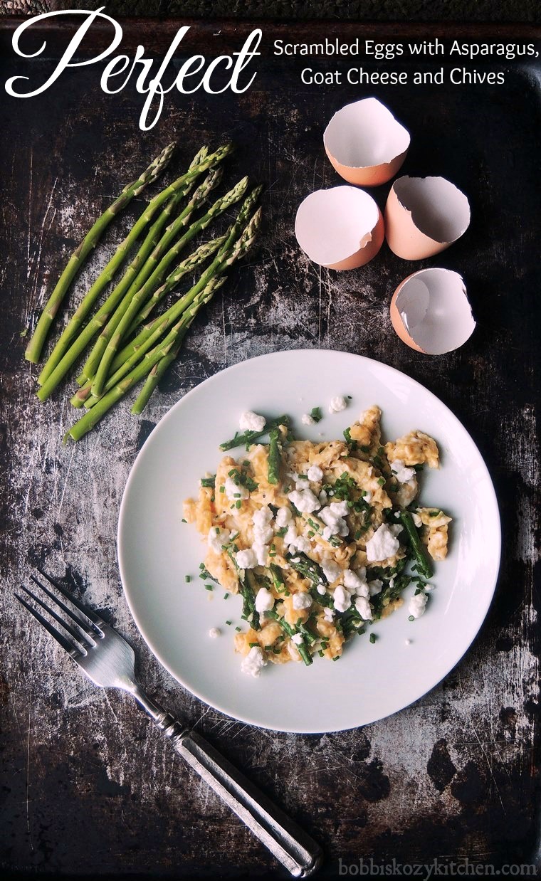 Perfect Scrambled Eggs with Asparagus, Goat Cheese and Chives from www.bobbiskozykitchen.com