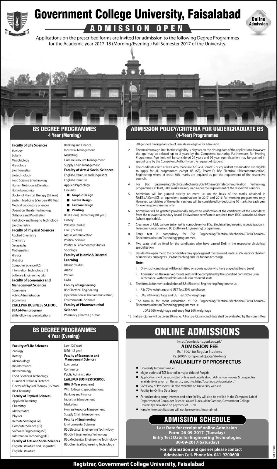 Admissions Open in Govt College University GCU Faisalabad for BS - 2017 Admissions Open in Govt College University GCU Faisalabad for BS - 2017