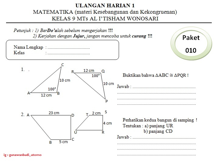 Soal Kesebangunan Dan Kongruen Kelas 9 Matematika Dasar