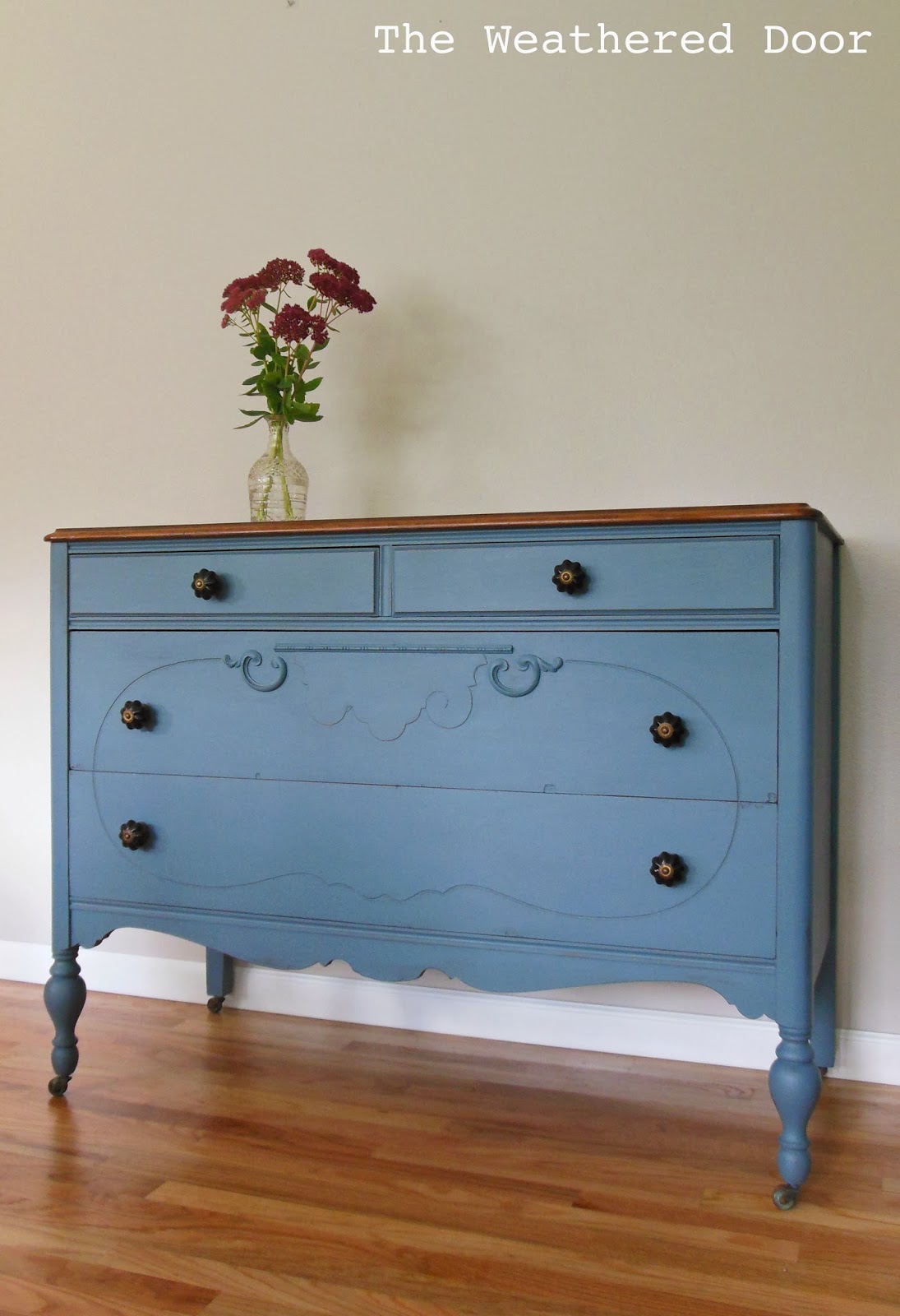 Smokey Blue Dresser With A Stained Top, White Dresser With Dark Stained Top