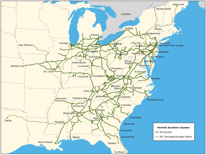 NORFOLK SOUTHERN RAILROAD NS Railway track map Eastern United States