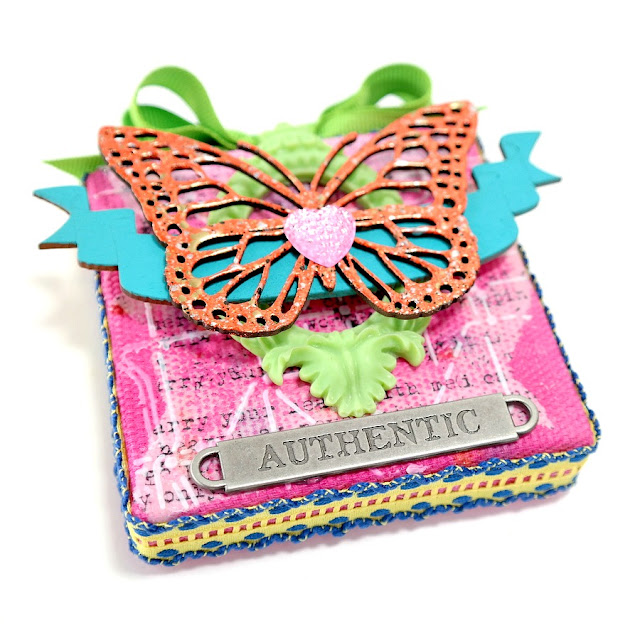 Stamped and Stenciled Mixed Media Butterfly Canvas with Chipboard and Wood Veneer Embellishments