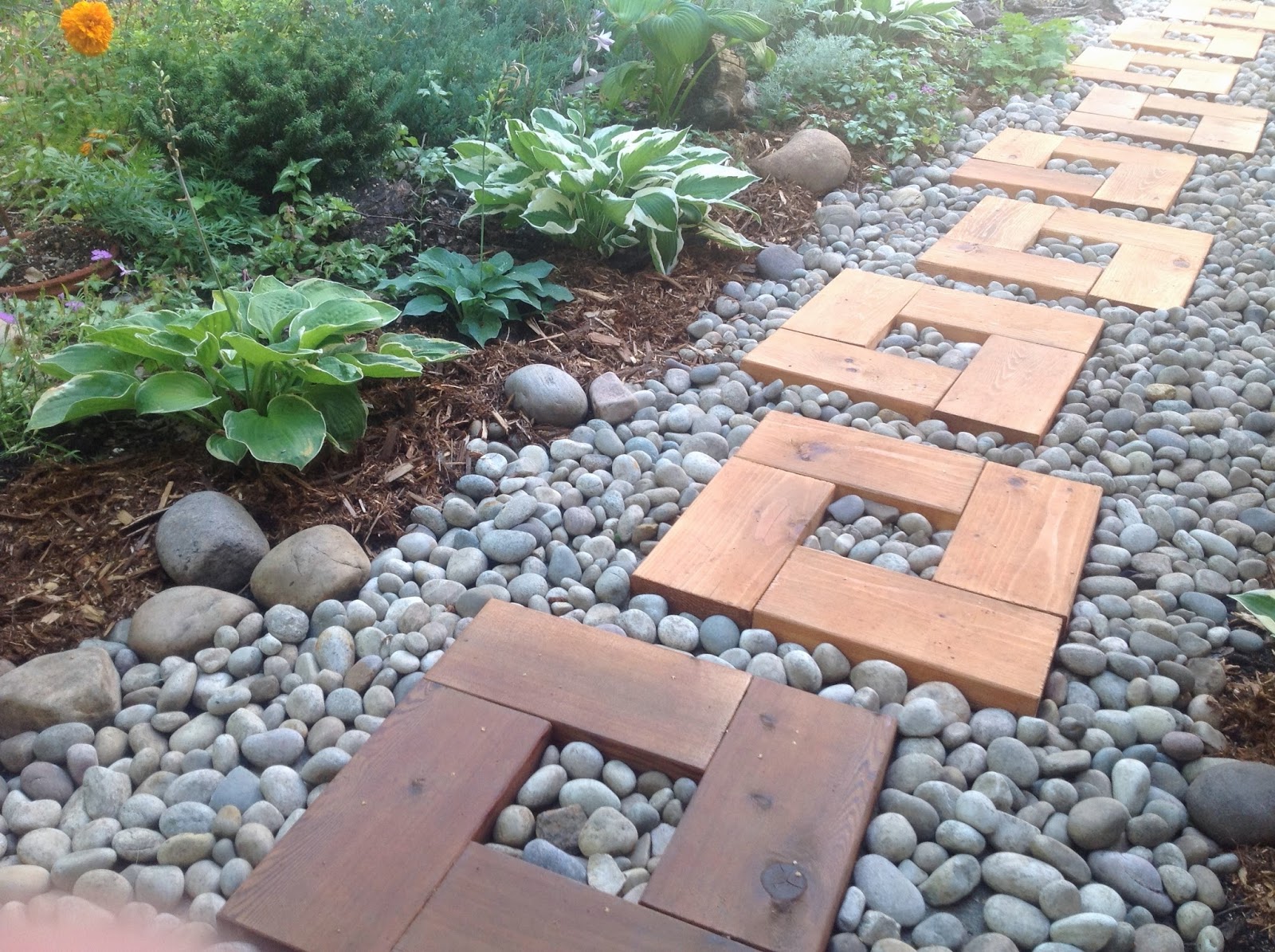 Backyard Garden Wood and Stone Path with Cedar Stepping Stones
