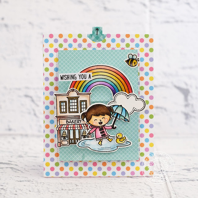 Sunny Studio Stamps: Over The Rainbow Rainbow Word Die Froggy Friends Rain Or Shine Sliding Window Dies Rainbow Themed Cards by Lexa Levana