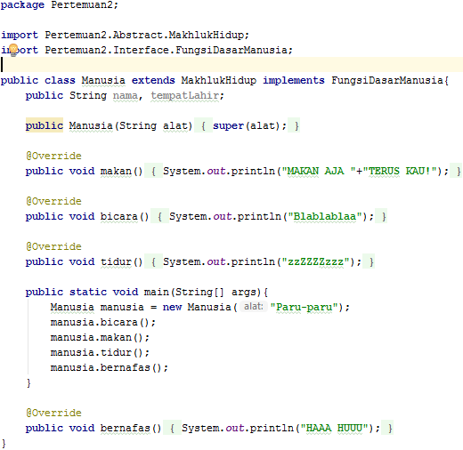 Contoh Penggunaan extends dan interface pada OOP java (intellij)