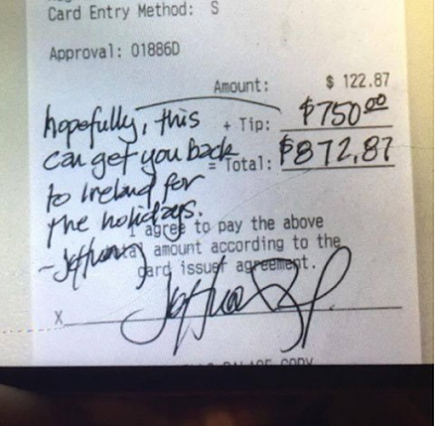 kk American couple gives waiter who is saving up to visit his family in Ireland a $750 tip