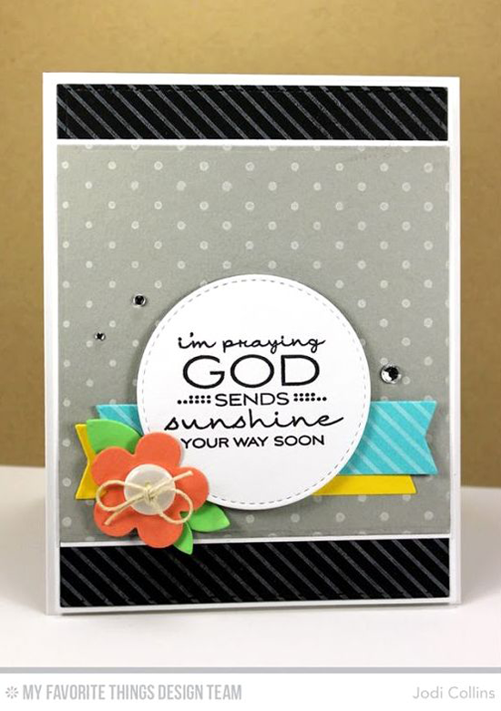 Handmade card from Jodi Collins featuring Cheerful Blessings stamp set, Diagonal Stripes Background stamp, Blueprints 2 and Blueprints 12 Die-namics and Swiss Dots stencil #mftstamps