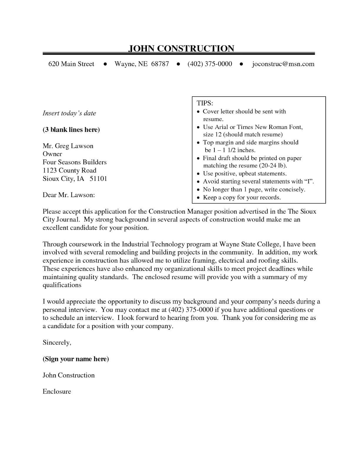 sample construction cover letters