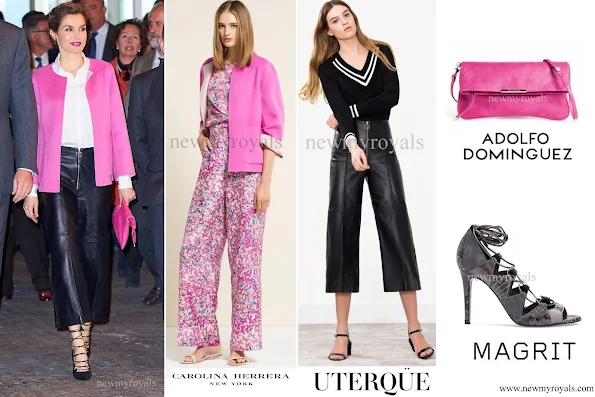Queen wore a fuchsia colored CAROLINA HERRERA jacket. The Queen also wore black leather trousers by UTERQUE produced with a limited number and a white HUGO BOSS shirt. In addition, she wore black suede and leather mixture sandals by MAGRIT and carried a fuchsia colored hand bag by ADOLFO DOMINGUEZ. She completed her outfits by an earring by TOUS jewellery.