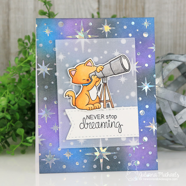 Never Stop Dreaming Card with Galaxy Background by Juliana Michaels featuring Therm O Web Deco Foil, Therm O Web Transfer Gel, Newton's Nook Designs Cosmic Newtons Stamp Set, Starfield Stencils and Ranger Ink Distress Oxide