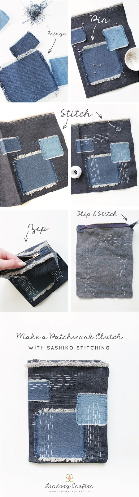 Make a patchwork clutch with denim and fabric scraps
