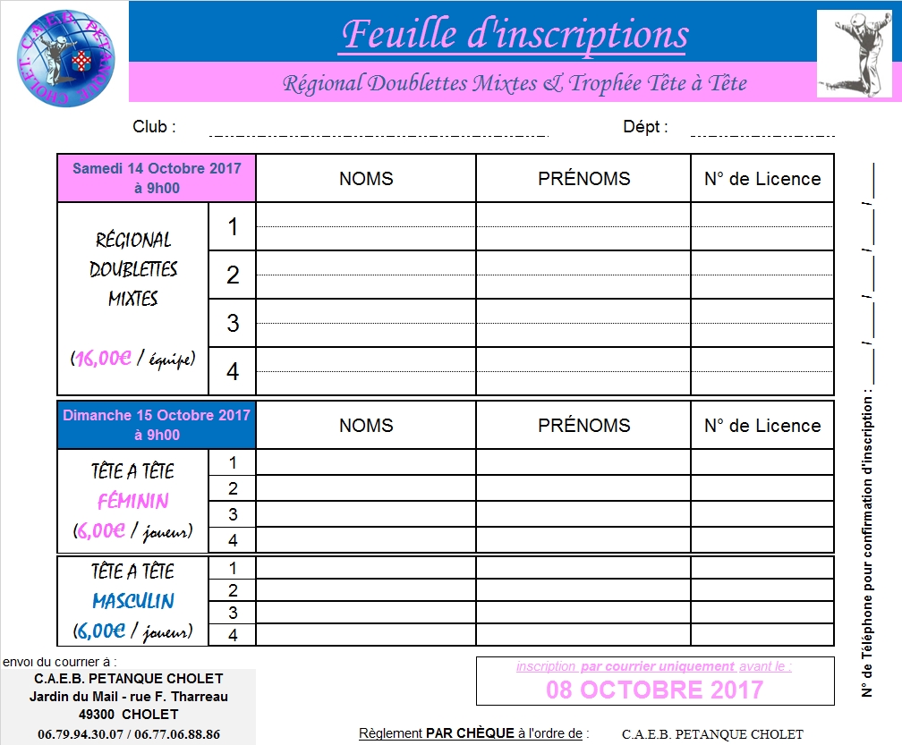 CAEB PETANQUE CHOLET: Affiche et fiches d'inscriptions concours CAEB