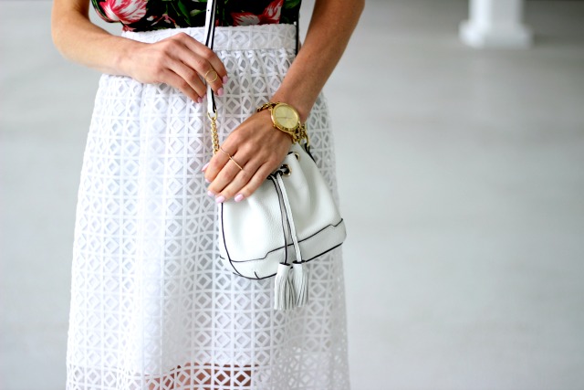 Tropical romper, eyelet skirt, Louboutin Nude Pigalle, Rebecca Minkoff Lexi Bucket bag for Summer style