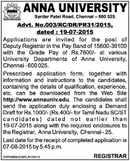 Applications are invited for Deputy Registrar Post in Anna University Chennai