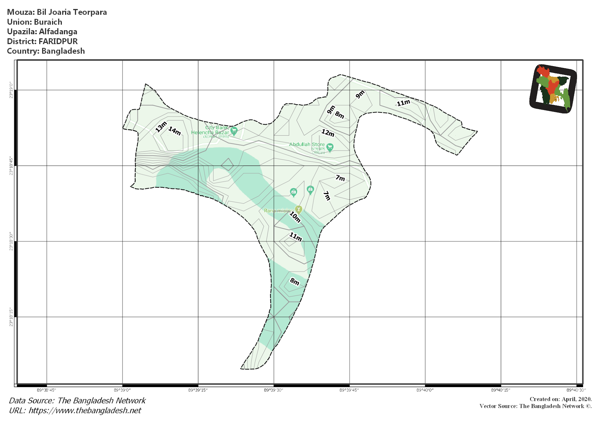 Map of Bil Joaria Teorpara Mouza of Alfadanga Upazila, FARIDPUR, Bangladesh.