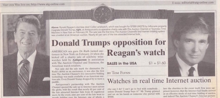 Newspaper clipping the Tourneau and Antiquorum Famous Faces watch auction in 1999. Donald Trump buys Ronald Reagan's watch for $7000 Newspaper clipping the Tourneau and Antiquorum Famous Faces watch auction in 1999. Donald Trump buys Ronald Reagan's watch for $7000