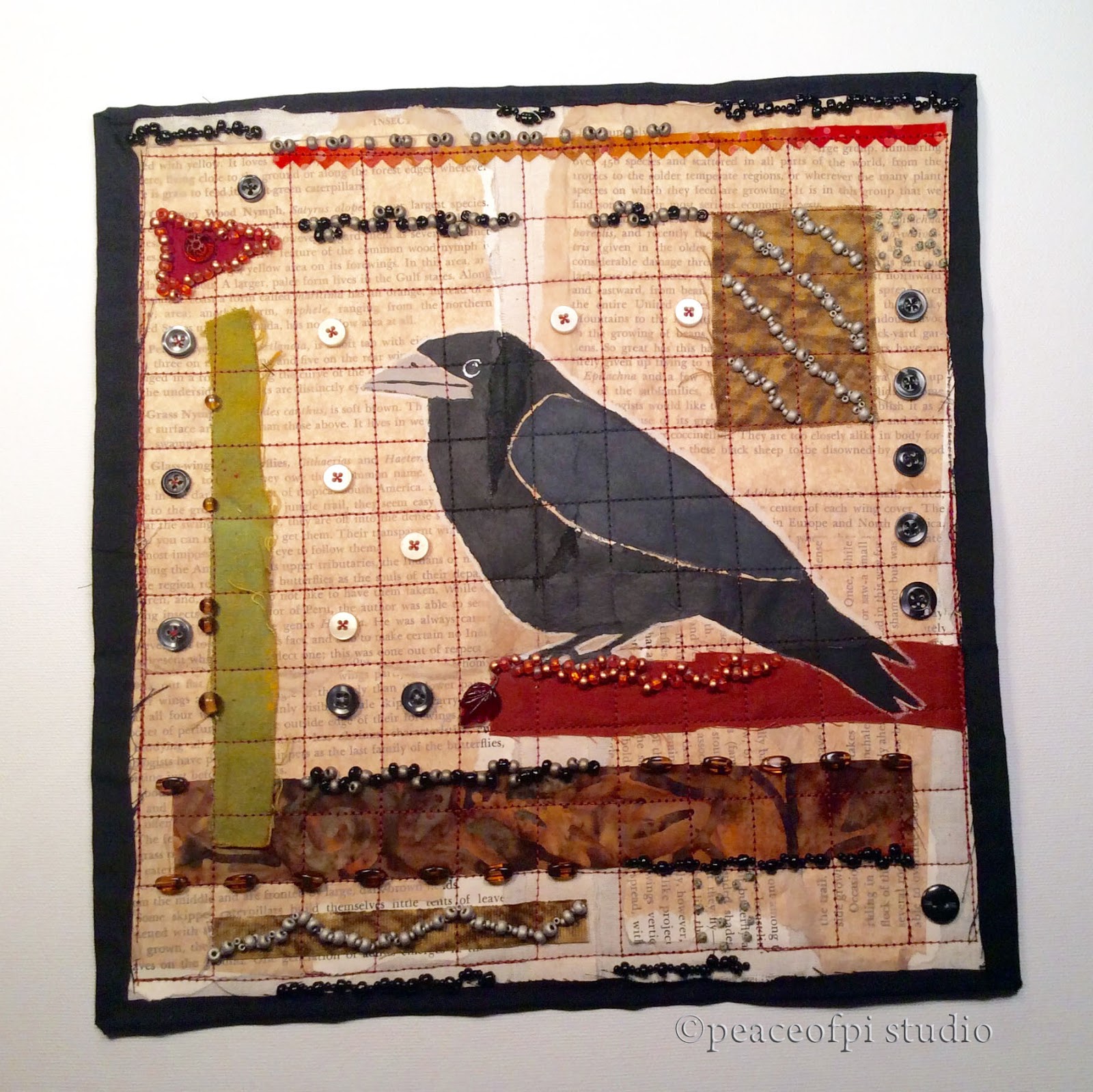 peaceofpi studio Corvid Hand Beaded Mixed Media Art Quilt
