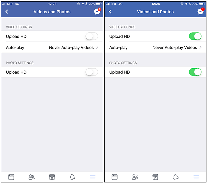 Attivazione delle opzioni Upload HD in Facebook con l'iphone