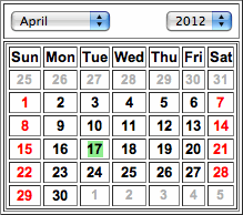 The April 2012 calendar display