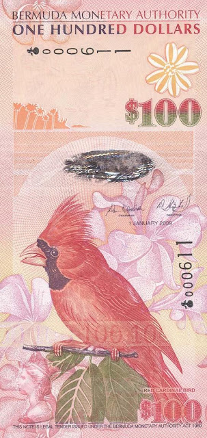 Bermuda Currency 100 Dollars banknote 2009 Red Cardinal