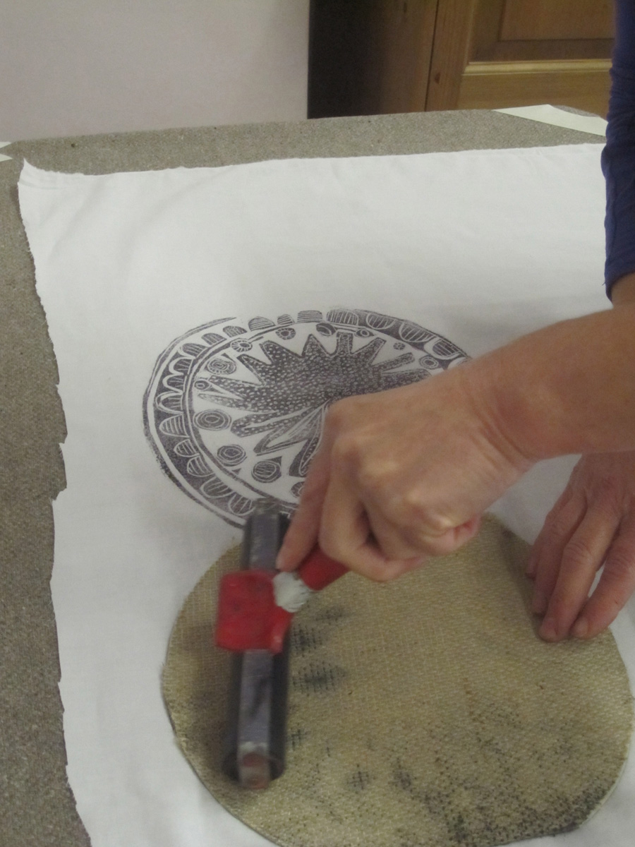 Carolyn Murphy Printmaker Lino printing on fabric