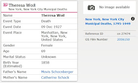"New York, New York City Municipal Deaths, 1795-1949," database, FamilySearch (https://familysearch.org/ark:/61903/1:1:2W1T-1FG : 10 February 2018), Theresa Woil, 09 Dec 1927; citing Death, Manhattan, New York, New York, United States, New York Municipal Archives, New York; FHL microfilm 2,056,150.