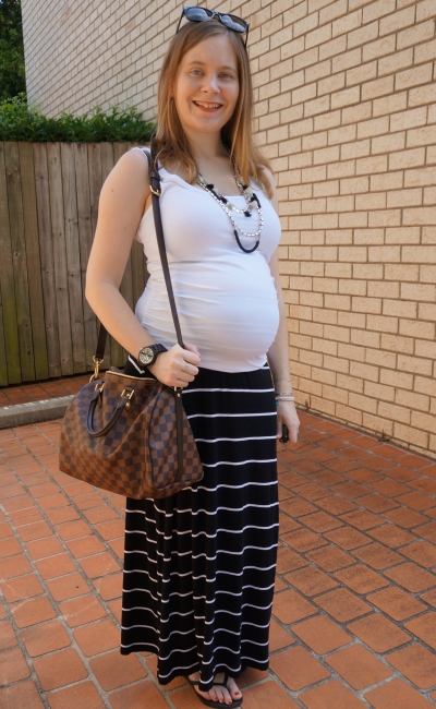 AwayFromBlue | Easy Spring Second trimester maternity tank and striped maxi skirt outfit LV speedy B bag
