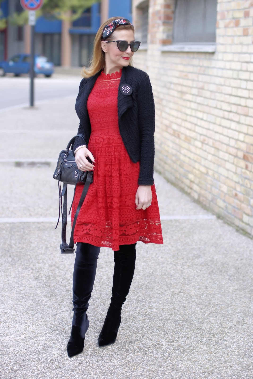 How to wear lace in Winter: Dezzal red lace dress, Balenciaga City Mini bag and Le Silla velvet boots on Fashion and Cookies fashion blog, fashion blogger style