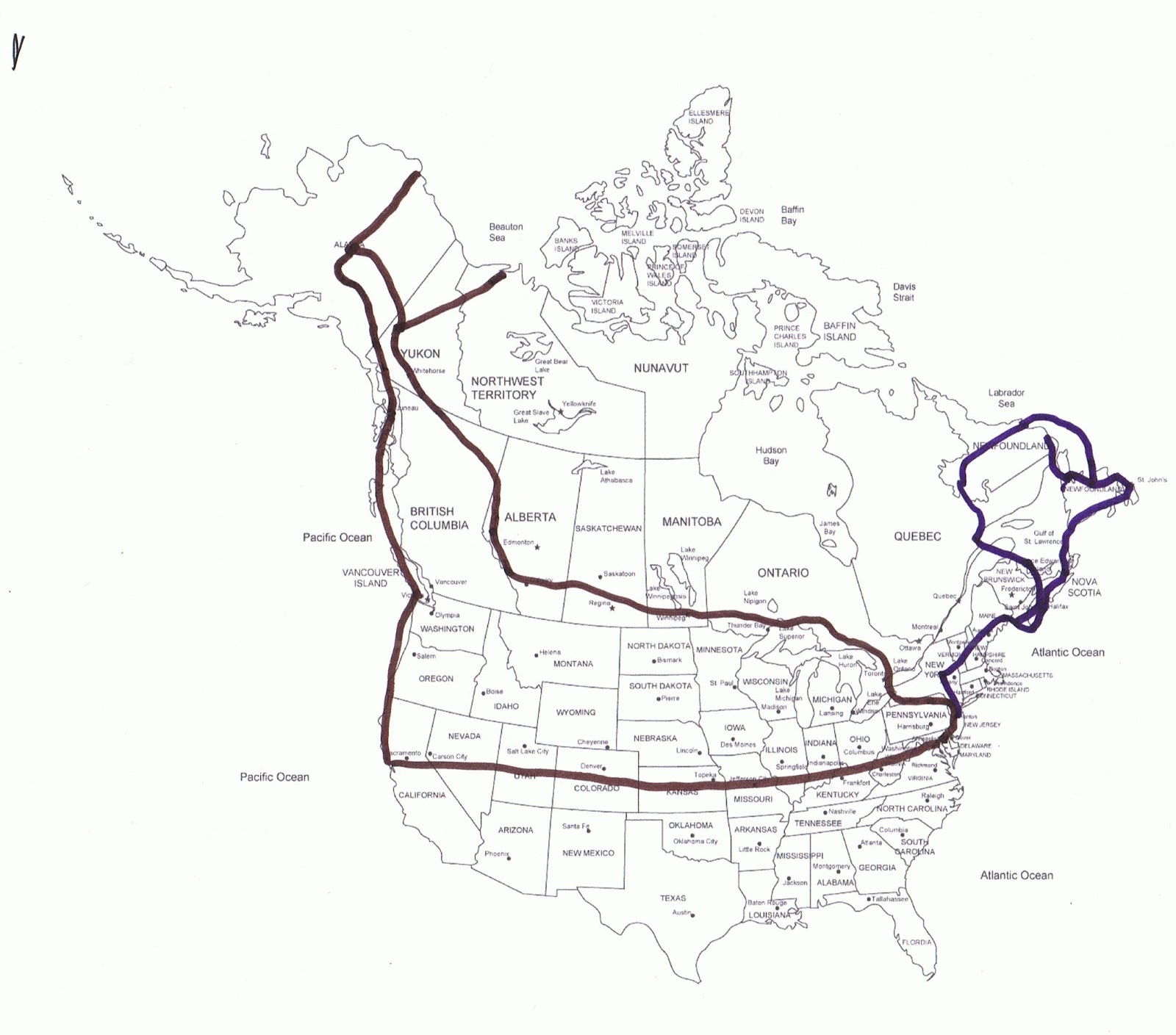On The Road 6 2013 Map 1 Actual 2001 (brown line) and 2002 (purple line) trips.