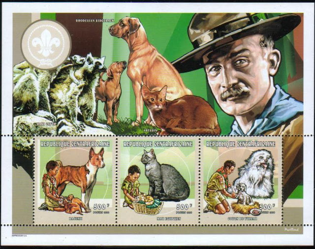1998年中央アフリカ共和国 バセンジー コトン・ド・テュレアールと猫の切手