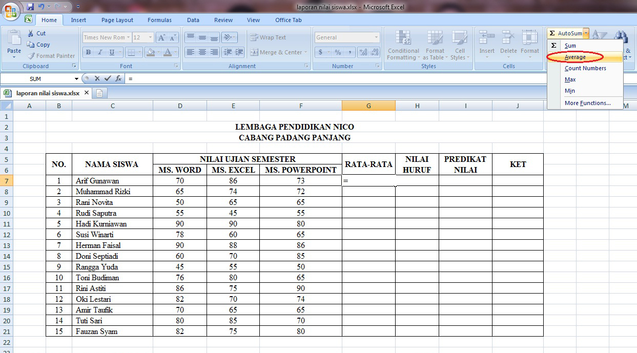 rumus, microsoft, excel, if, average, ujian, siswa, perhitungan, penjumlahan, predikat, keterangan, huruf, rata