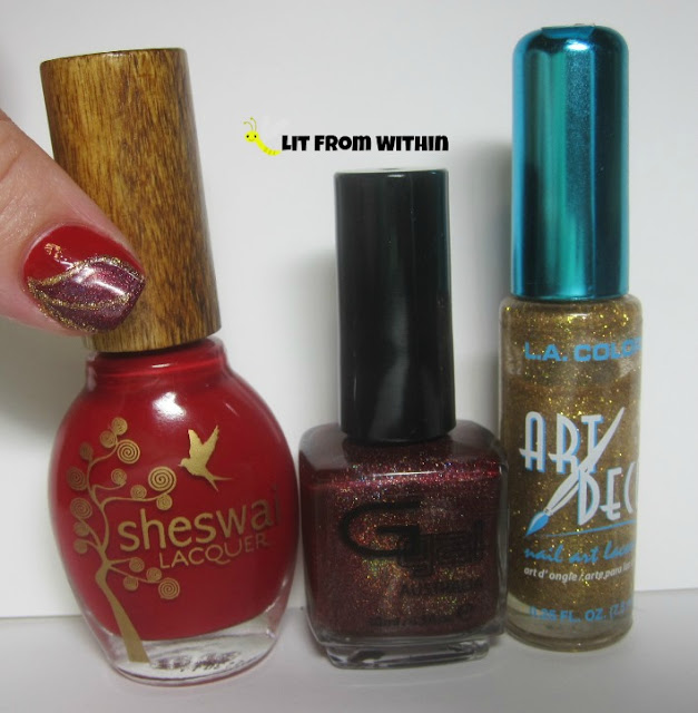 bottle shot:  Sheswai Honey Fox, Glitter Gal Hot Chilli, and a gold nail art striper