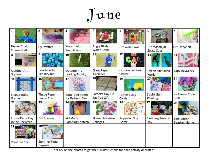 Free downloadable activity calendar for kids for the month of June from And Next Comes L