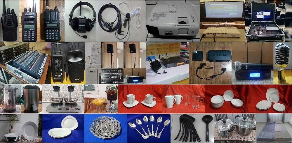 HT, Sound System, Mic Clip On Wireless, LCD Projector, Alat Rumah Tangga