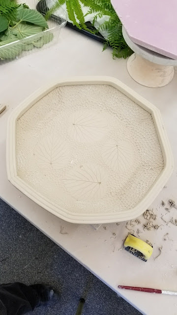 Beautiful leaf imprint ceramic platter in progress, pottery by Lily L.